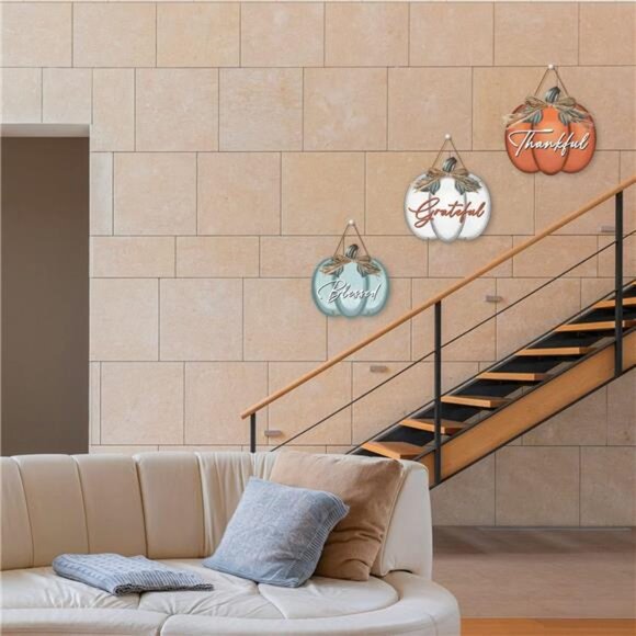 3 Pieces Pumpkin Decor Grateful‎ Thankful Blessed Wall Signs,Rustic Hanging - Picture 6 of 8